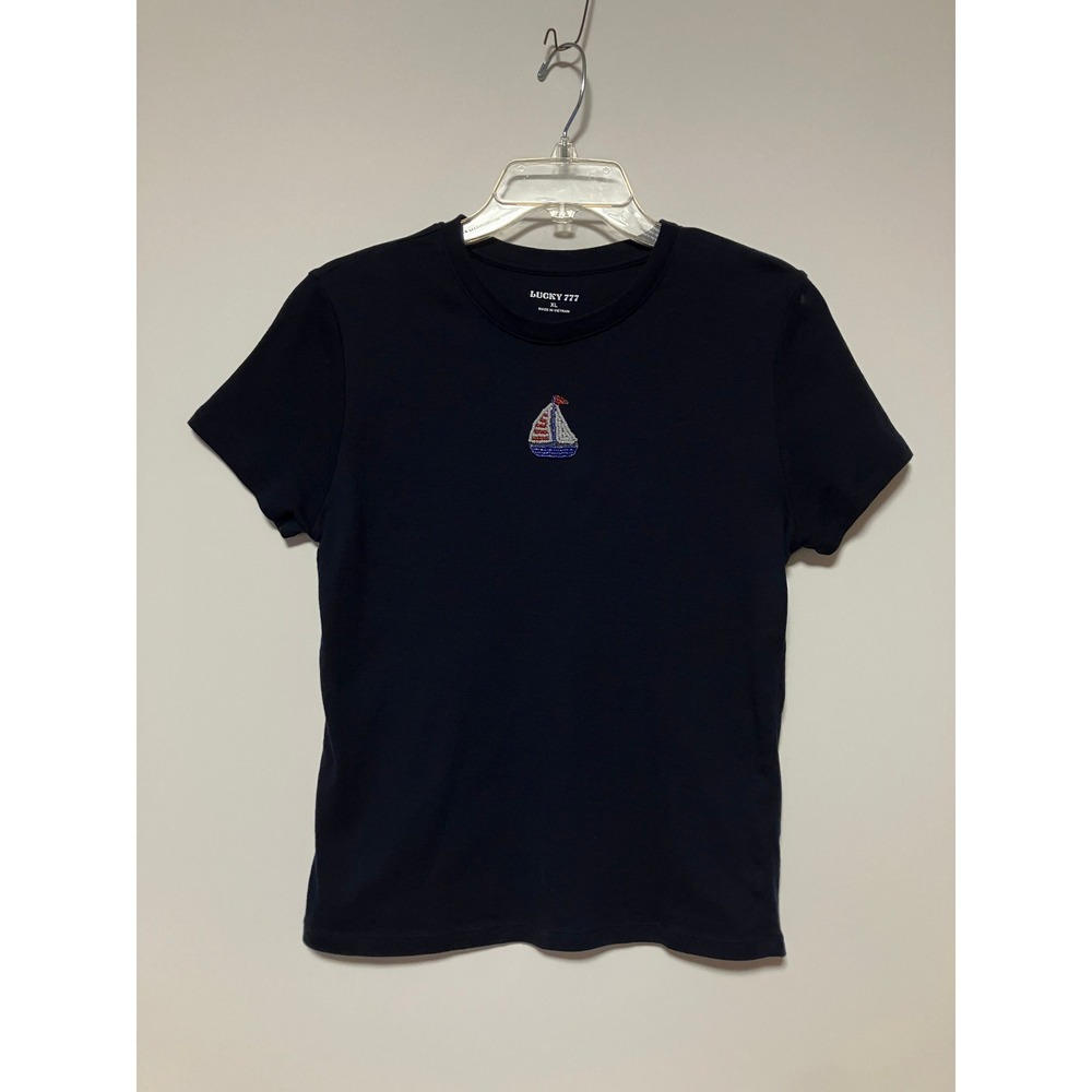 Lucky 777 Juniors XL Navy Blue Beaded Sailboat Cotton Short Sleeve Baby Tee